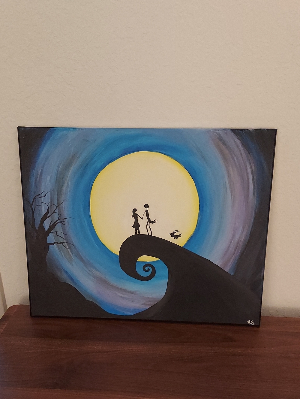 Hand-Painted Blue & Yellow Moonlit Silhouette Canvas - Home Art